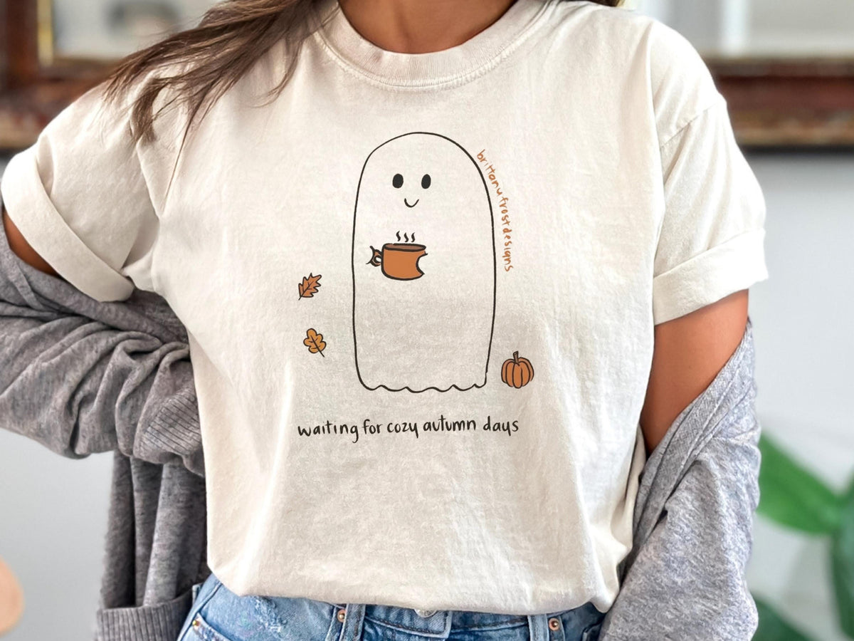 Cozy Autumn Ghost Sweatshirt, Cute Fall Crewneck, Pumpkin Coffee Lover Pullover, Waiting for Cozy Autumn Days, Seasonal Gift for Her