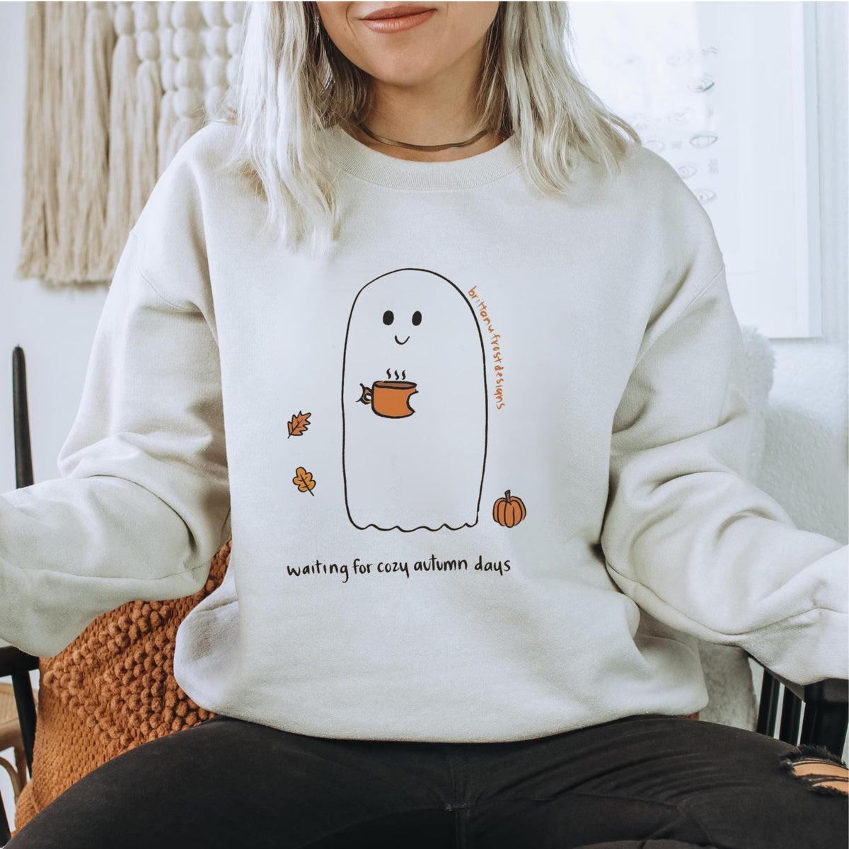 Cozy Autumn Ghost Sweatshirt, Cute Fall Crewneck, Pumpkin Coffee Lover Pullover, Waiting for Cozy Autumn Days, Seasonal Gift for Her