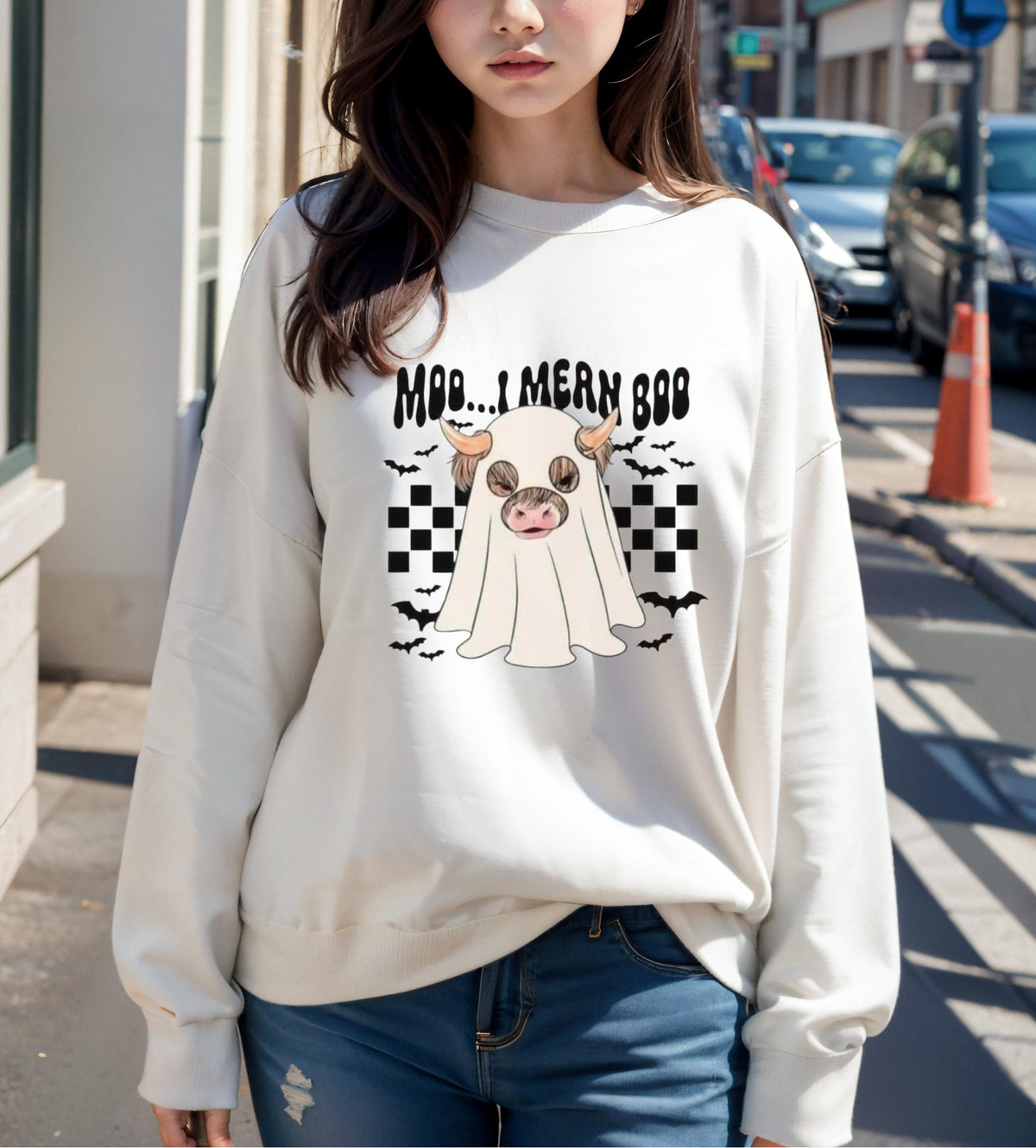 Halloween Cow Ghost Sweatshirt, Moo...Mern Boo Graphic Crewneck, Cute Spooky Farmhouse Pullover, Cow Lover Halloween Gift for Her or Him
