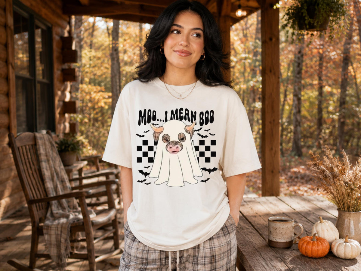 Halloween Cow Ghost Sweatshirt, Moo...Mern Boo Graphic Crewneck, Cute Spooky Farmhouse Pullover, Cow Lover Halloween Gift for Her or Him