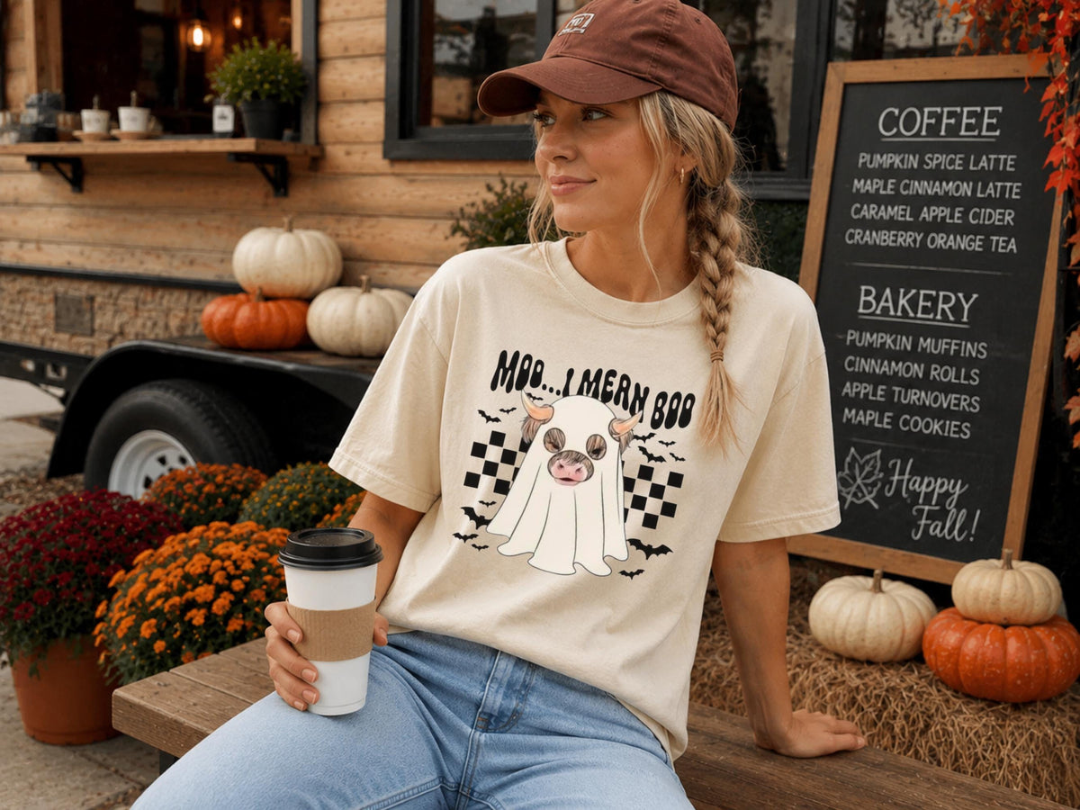 Halloween Cow Ghost Sweatshirt, Moo...Mern Boo Graphic Crewneck, Cute Spooky Farmhouse Pullover, Cow Lover Halloween Gift for Her or Him