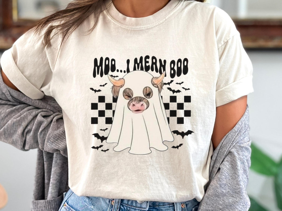 Halloween Cow Ghost Sweatshirt, Moo...Mern Boo Graphic Crewneck, Cute Spooky Farmhouse Pullover, Cow Lover Halloween Gift for Her or Him