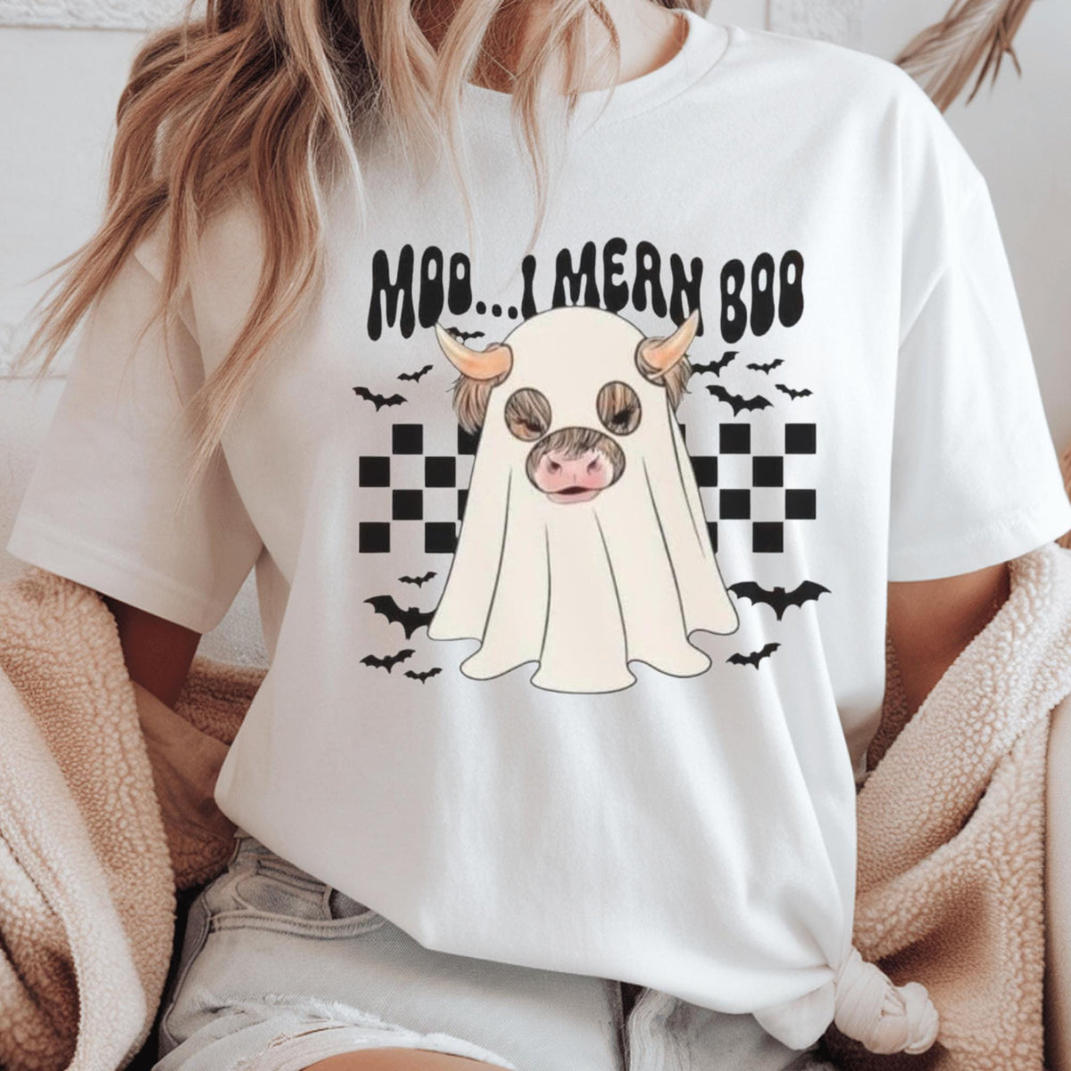 Halloween Cow Ghost Sweatshirt, Moo...Mern Boo Graphic Crewneck, Cute Spooky Farmhouse Pullover, Cow Lover Halloween Gift for Her or Him