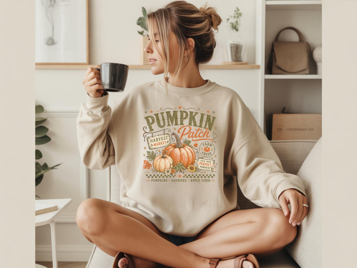 Pumpkin Patch Sweatshirt, Fall Farm Shirt, Harvest Market Crewneck, Hayride and Apple Cider Autumn Clothing, Cozy Seasonal Gift Idea