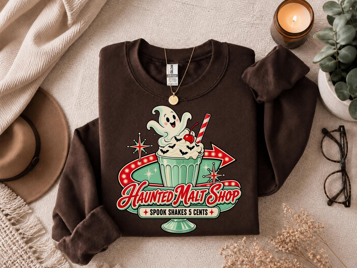Haunted Malt Shop Shirt, Retro Ghost Spook Shake Tee, Vintage Halloween Soda Shop Graphic, Cute Spooky Dessert Lover Gift Shirt Outfit