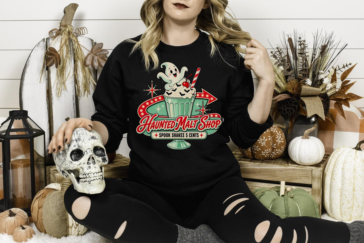 Haunted Malt Shop Shirt, Retro Ghost Spook Shake Tee, Vintage Halloween Soda Shop Graphic, Cute Spooky Dessert Lover Gift Shirt Outfit