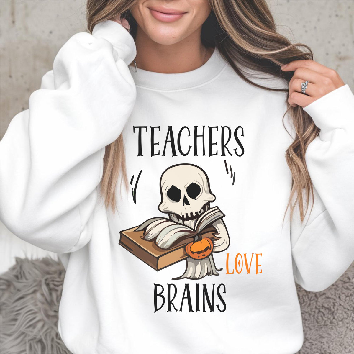 Teacher Halloween Sweatshirt, Teachers Love Brains Skeleton Book Crewneck, Spooky Educator Gift, Funny Book Lover Apparel Idea!!!
