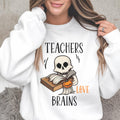 Teacher Halloween Sweatshirt, Teachers Love Brains Skeleton Book Crewneck, Spooky Educator Gift, Funny Book Lover Apparel Idea!!!
