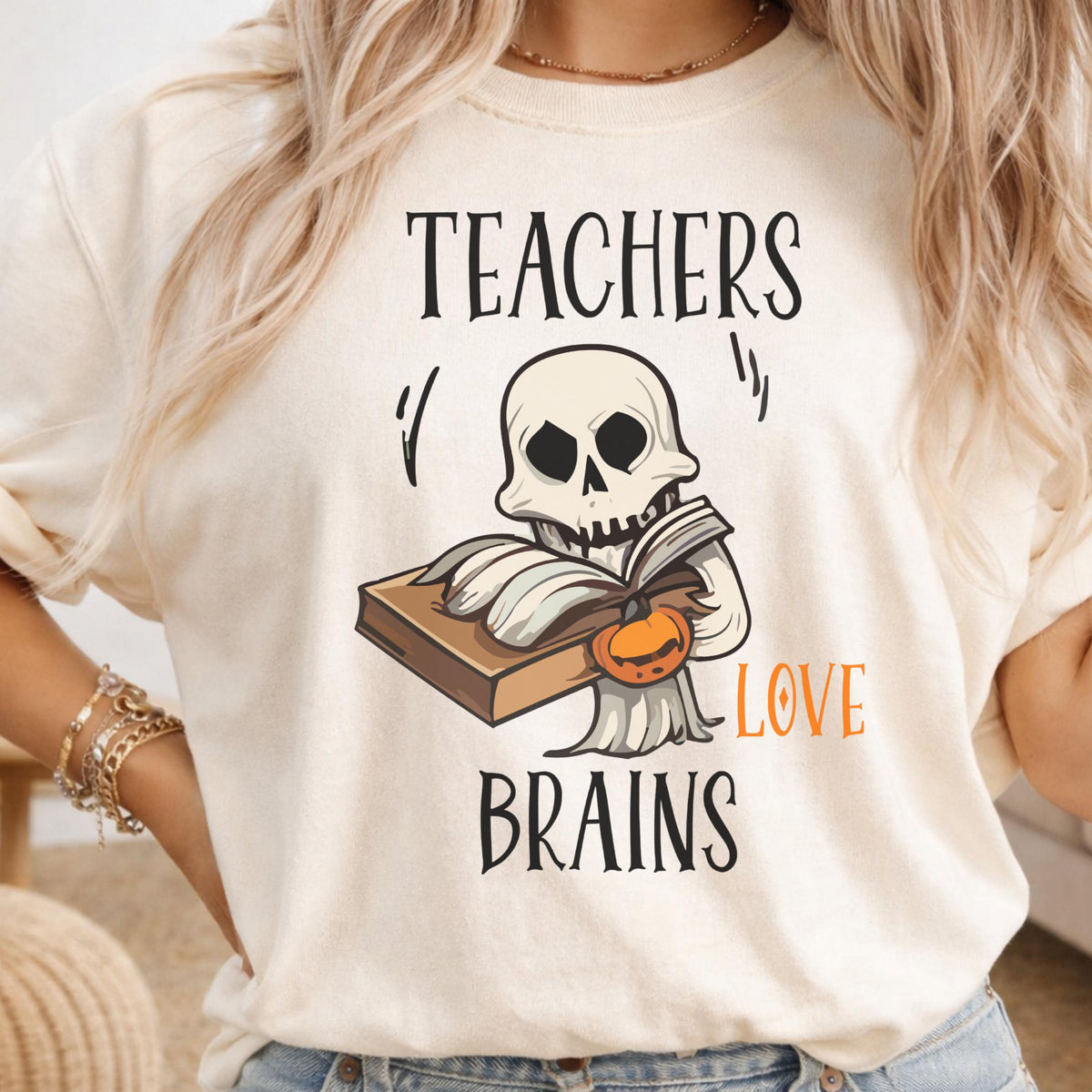 Teacher Halloween Sweatshirt, Teachers Love Brains Skeleton Book Crewneck, Spooky Educator Gift, Funny Book Lover Apparel Idea!!!