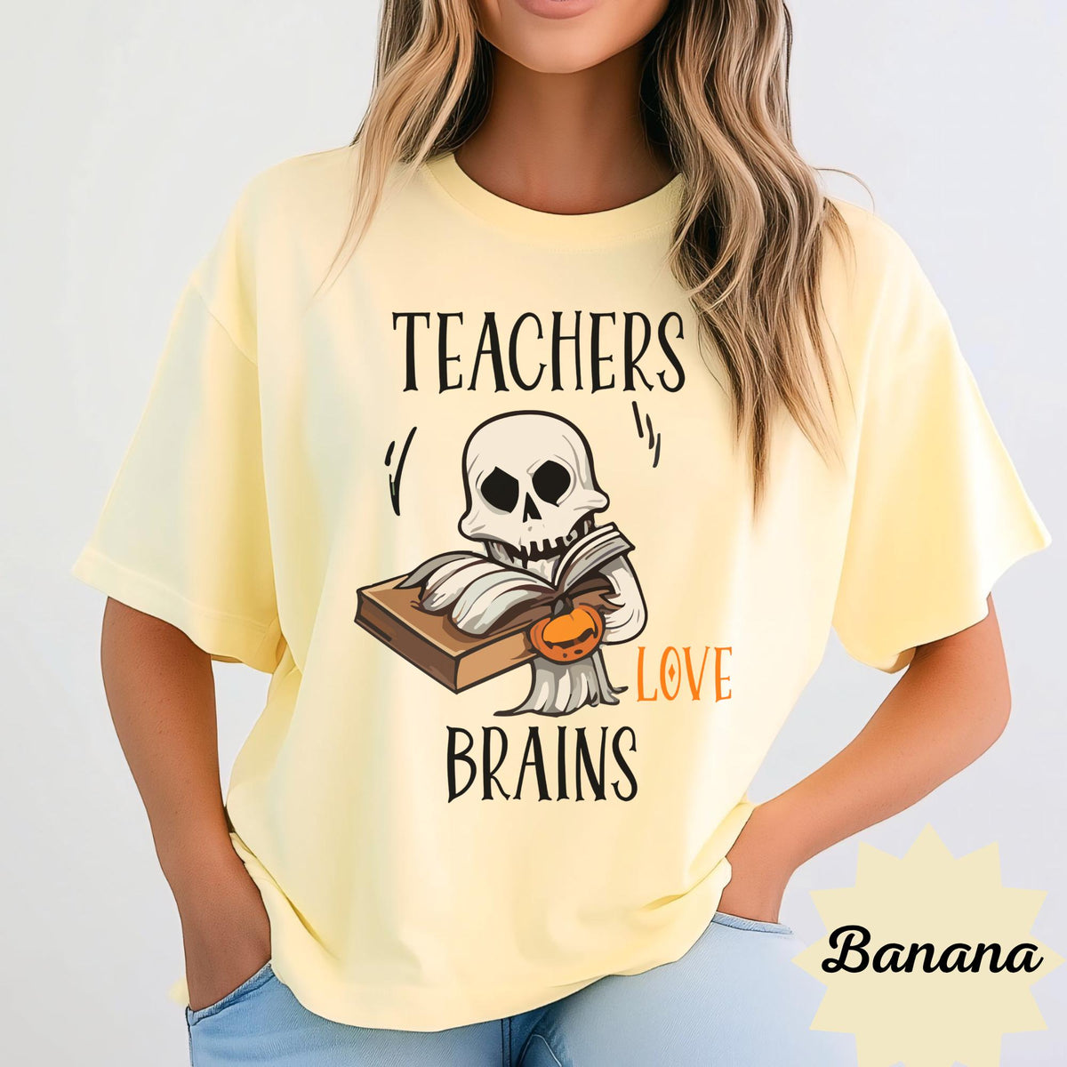 Teacher Halloween Sweatshirt, Teachers Love Brains Skeleton Book Crewneck, Spooky Educator Gift, Funny Book Lover Apparel Idea!!!