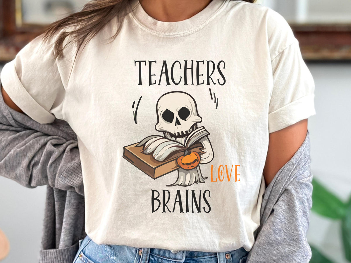 Teacher Halloween Sweatshirt, Teachers Love Brains Skeleton Book Crewneck, Spooky Educator Gift, Funny Book Lover Apparel Idea!!!