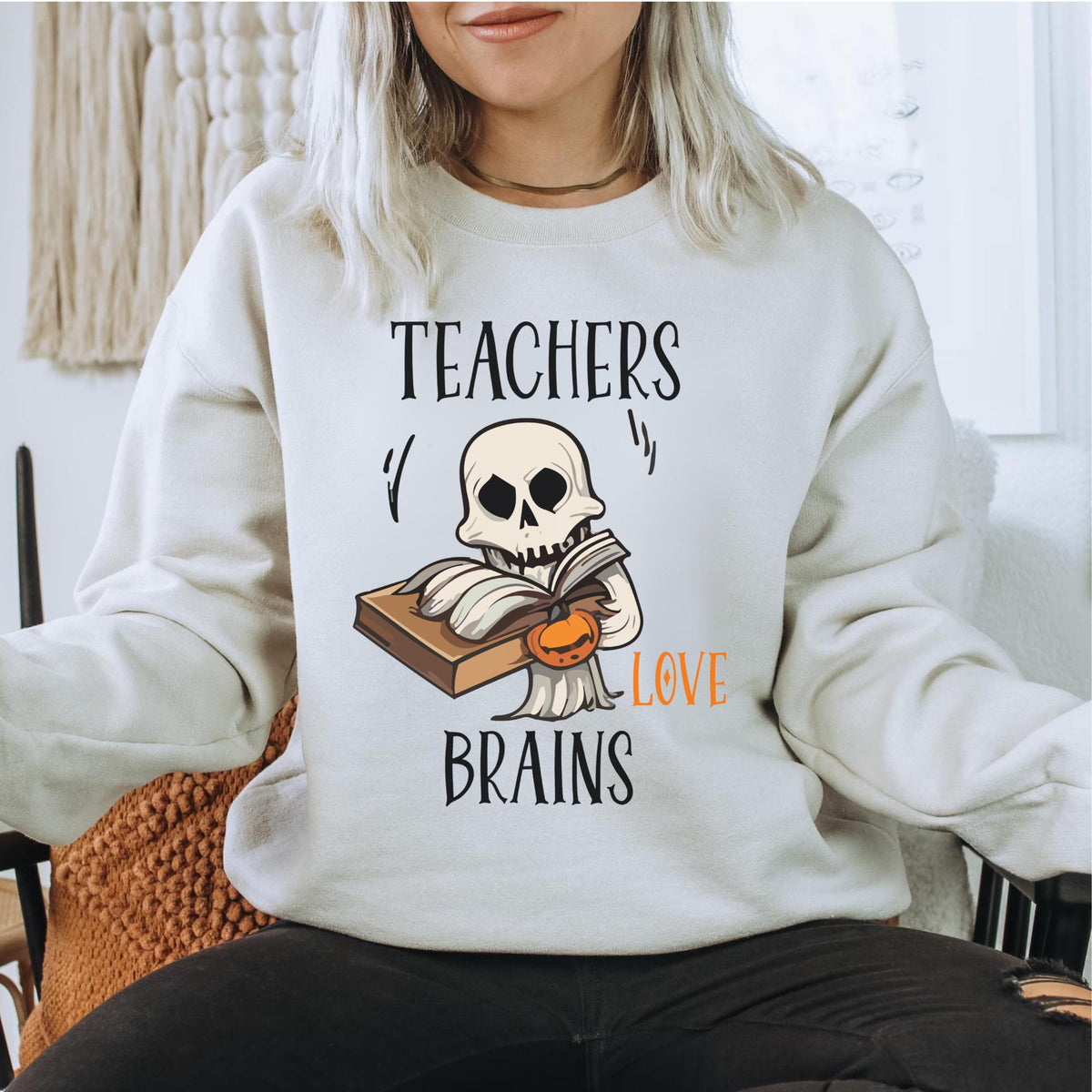 Teacher Halloween Sweatshirt, Teachers Love Brains Skeleton Book Crewneck, Spooky Educator Gift, Funny Book Lover Apparel Idea!!!