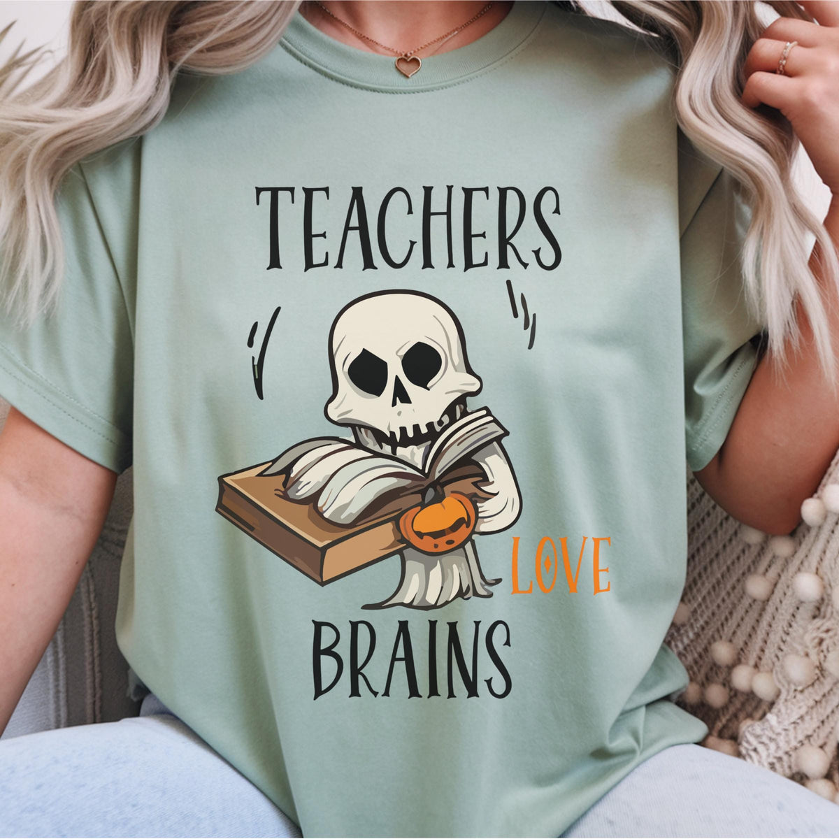 Teacher Halloween Sweatshirt, Teachers Love Brains Skeleton Book Crewneck, Spooky Educator Gift, Funny Book Lover Apparel Idea!!!