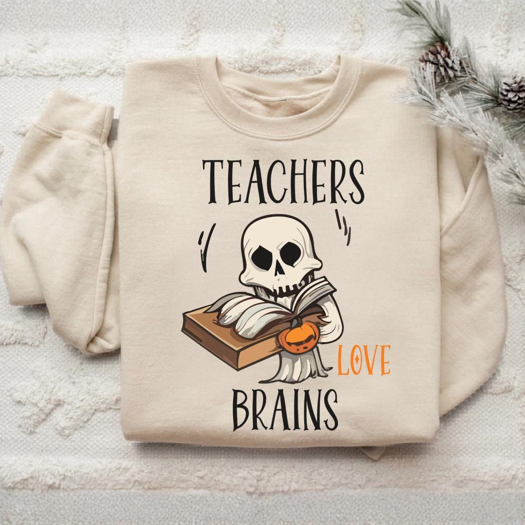 Teacher Halloween Sweatshirt, Teachers Love Brains Skeleton Book Crewneck, Spooky Educator Gift, Funny Book Lover Apparel Idea!!!