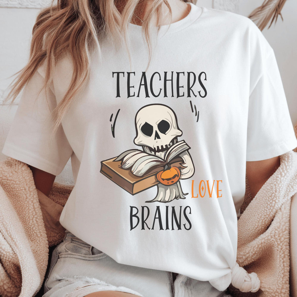 Teacher Halloween Sweatshirt, Teachers Love Brains Skeleton Book Crewneck, Spooky Educator Gift, Funny Book Lover Apparel Idea!!!
