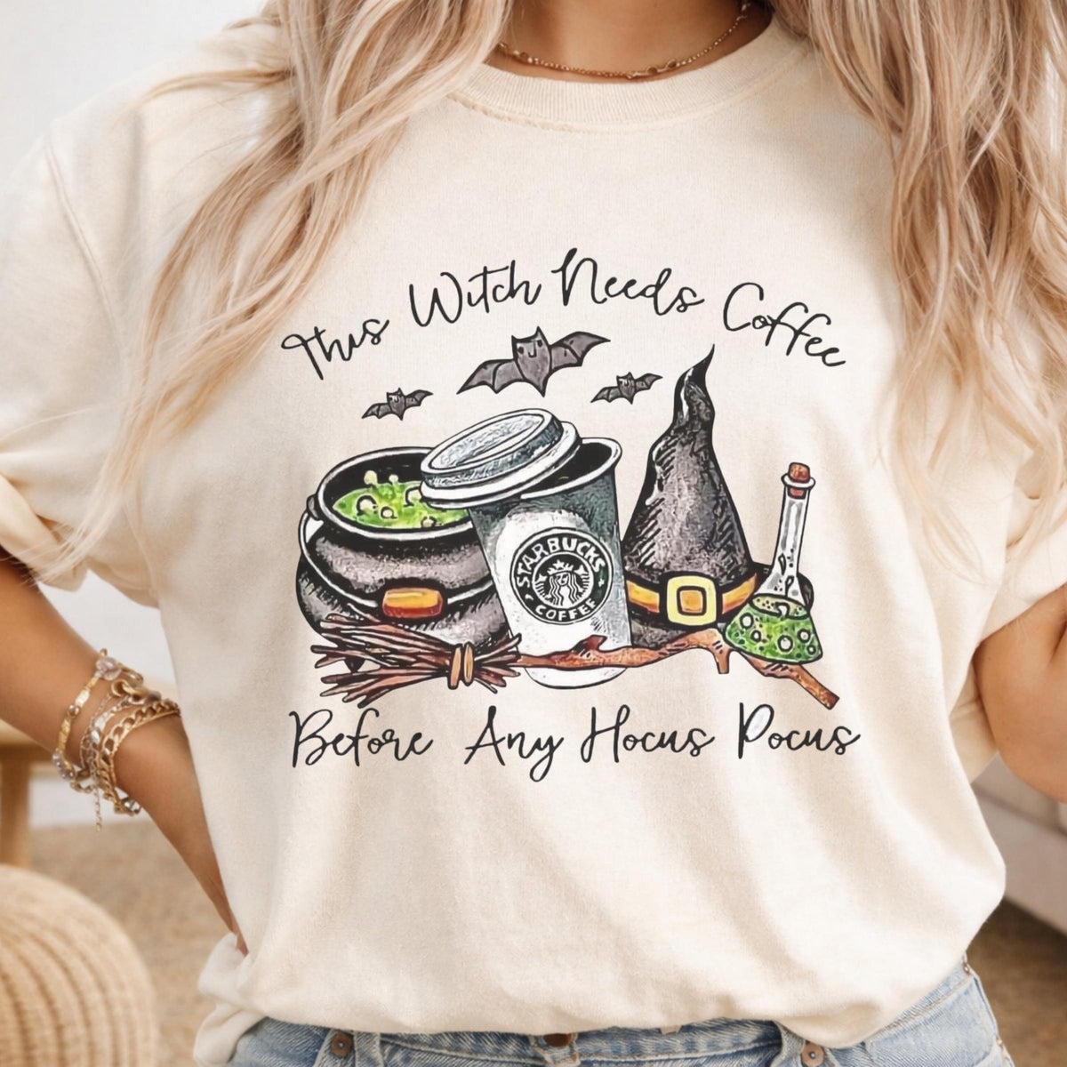 Witch With Needs Coffee Sweatshirt, Halloween Coffee Lover Crewneck, Hocus Pocus Witch Shirt, Spooky Bat Coffee Graphic Pullover Gift