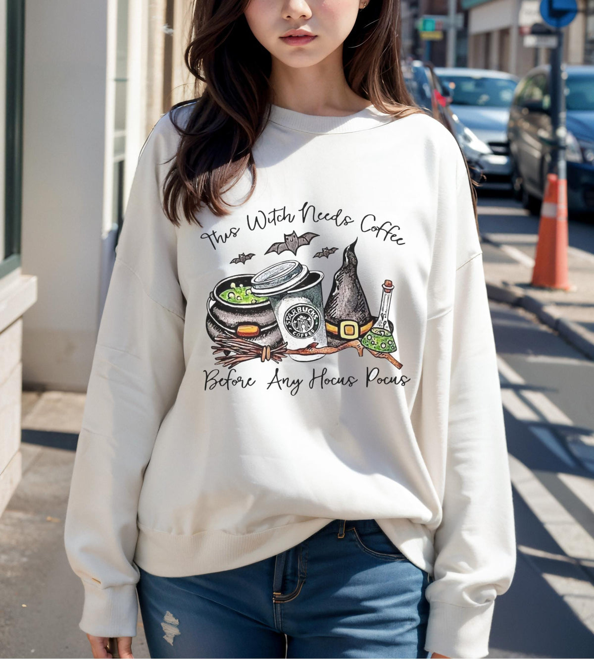Witch With Needs Coffee Sweatshirt, Halloween Coffee Lover Crewneck, Hocus Pocus Witch Shirt, Spooky Bat Coffee Graphic Pullover Gift