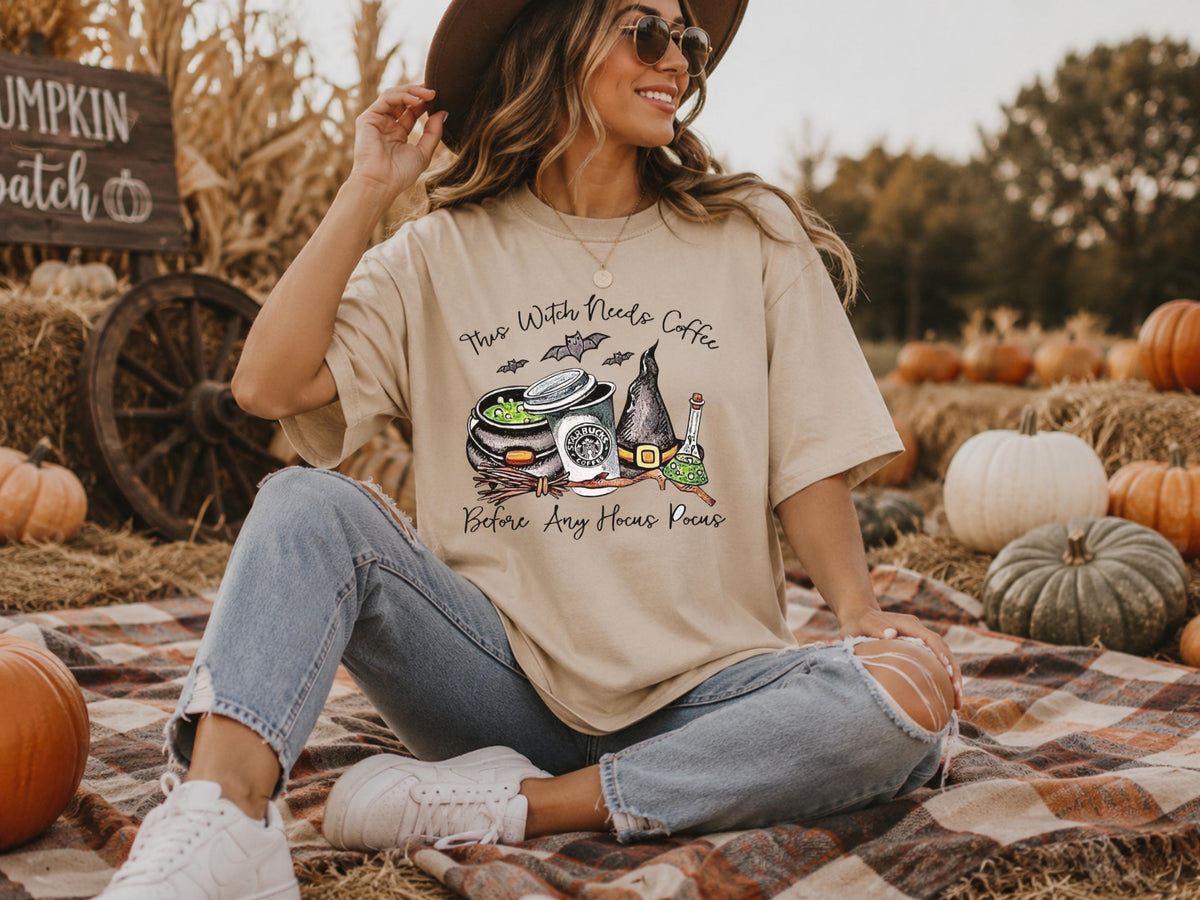 Witch With Needs Coffee Sweatshirt, Halloween Coffee Lover Crewneck, Hocus Pocus Witch Shirt, Spooky Bat Coffee Graphic Pullover Gift
