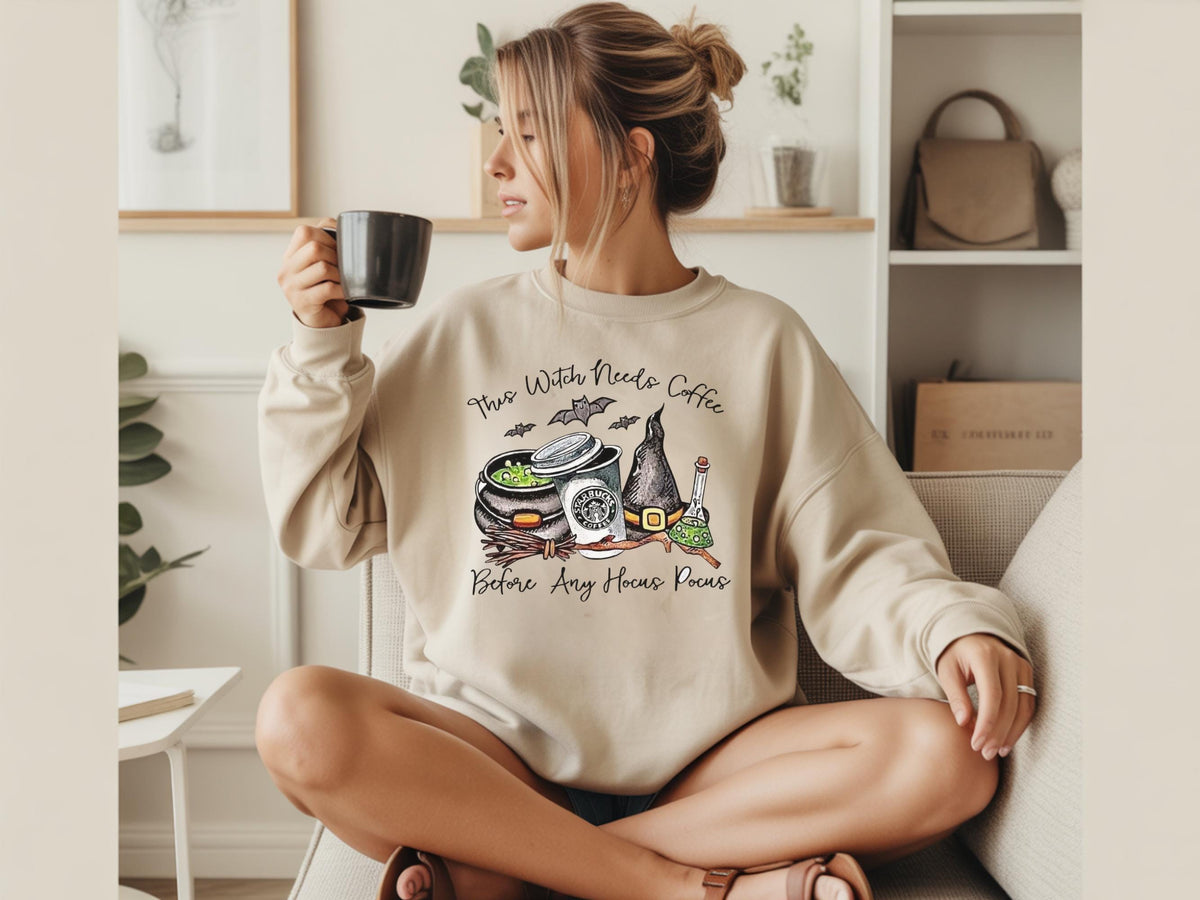 Witch With Needs Coffee Sweatshirt, Halloween Coffee Lover Crewneck, Hocus Pocus Witch Shirt, Spooky Bat Coffee Graphic Pullover Gift