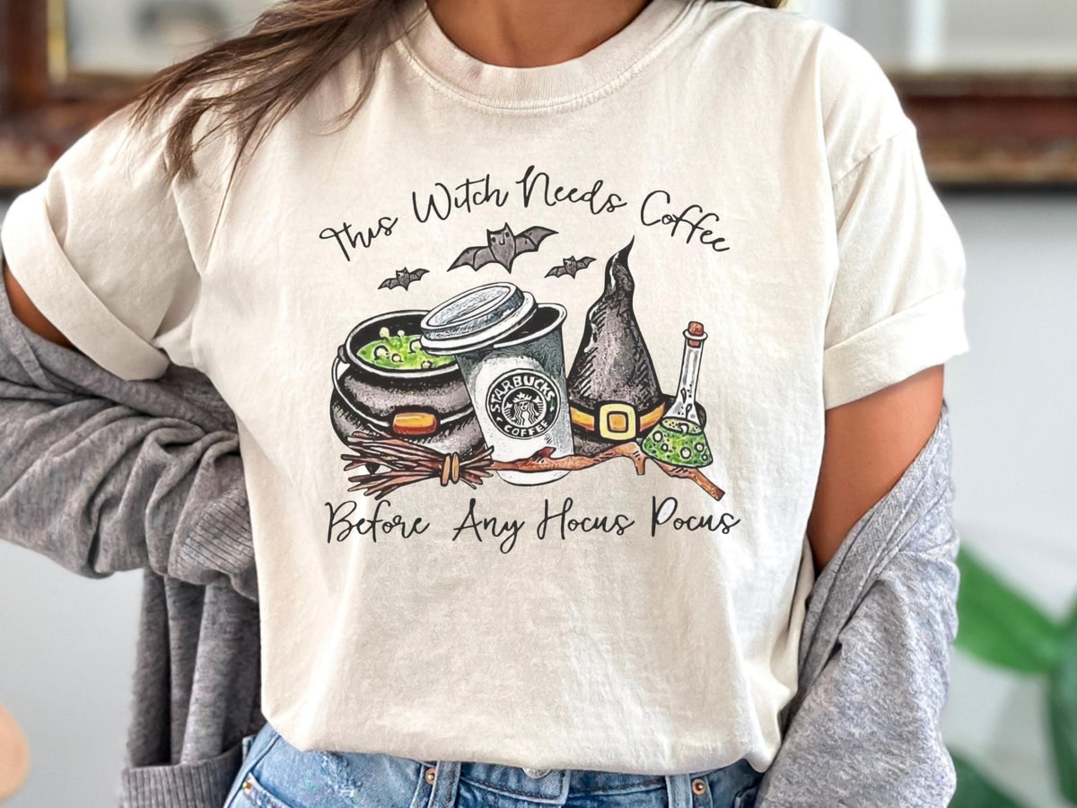 Witch With Needs Coffee Sweatshirt, Halloween Coffee Lover Crewneck, Hocus Pocus Witch Shirt, Spooky Bat Coffee Graphic Pullover Gift