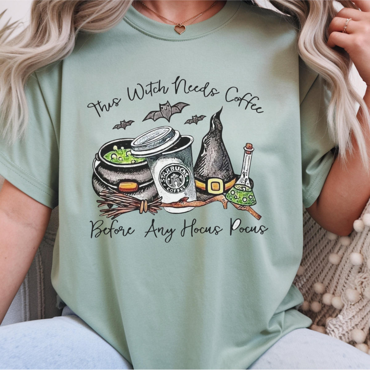 Witch With Needs Coffee Sweatshirt, Halloween Coffee Lover Crewneck, Hocus Pocus Witch Shirt, Spooky Bat Coffee Graphic Pullover Gift