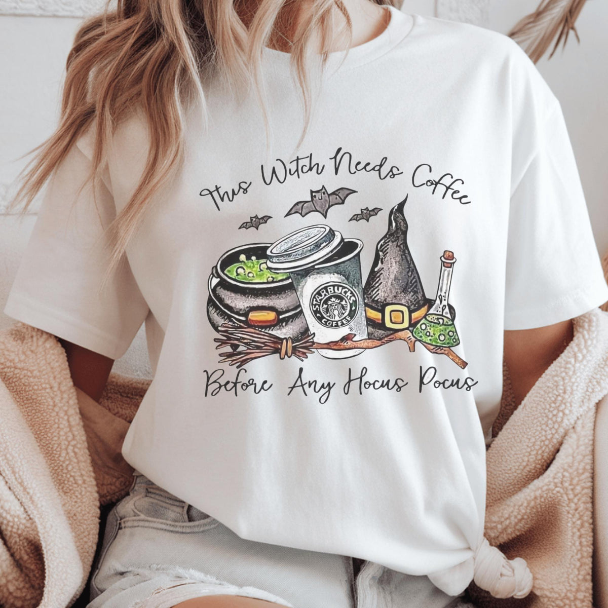 Witch With Needs Coffee Sweatshirt, Halloween Coffee Lover Crewneck, Hocus Pocus Witch Shirt, Spooky Bat Coffee Graphic Pullover Gift