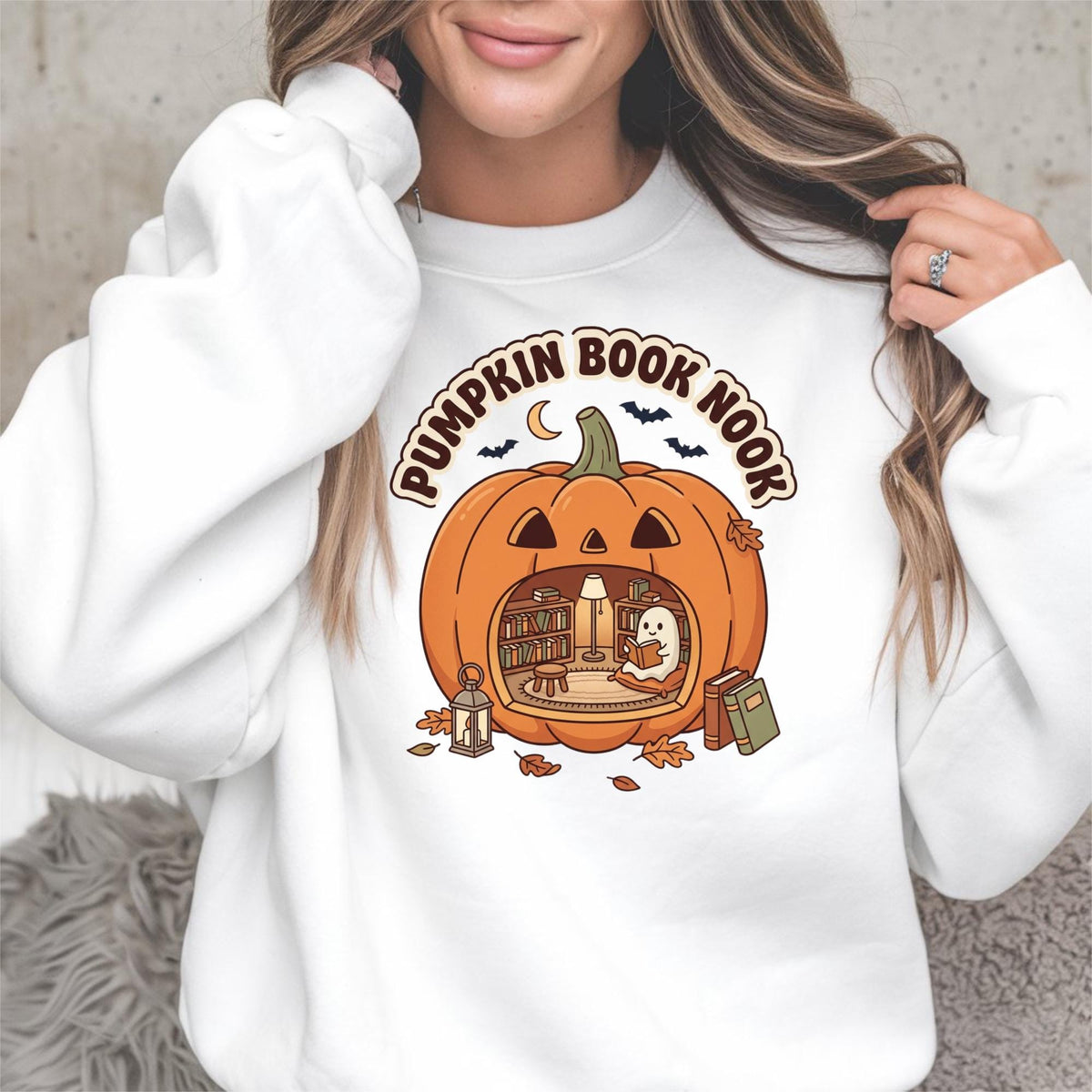 Pumpkin Book Nook Sweatshirt, Cozy Halloween Reader Crewneck, Ghost Reading Pumpkin, Book Lover Fall Pullover, Autumn Library Gift