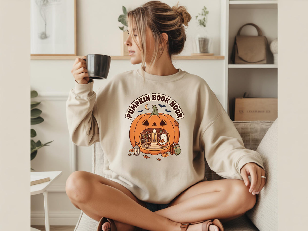 Pumpkin Book Nook Sweatshirt, Cozy Halloween Reader Crewneck, Ghost Reading Pumpkin, Book Lover Fall Pullover, Autumn Library Gift