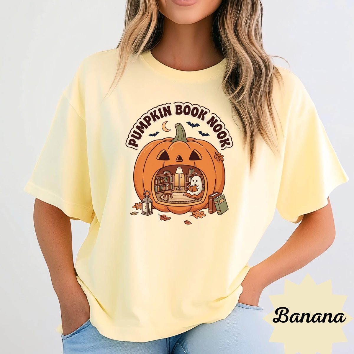 Pumpkin Book Nook Sweatshirt, Cozy Halloween Reader Crewneck, Ghost Reading Pumpkin, Book Lover Fall Pullover, Autumn Library Gift