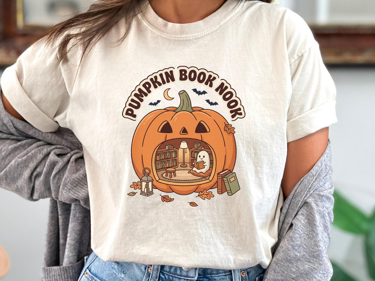 Pumpkin Book Nook Sweatshirt, Cozy Halloween Reader Crewneck, Ghost Reading Pumpkin, Book Lover Fall Pullover, Autumn Library Gift