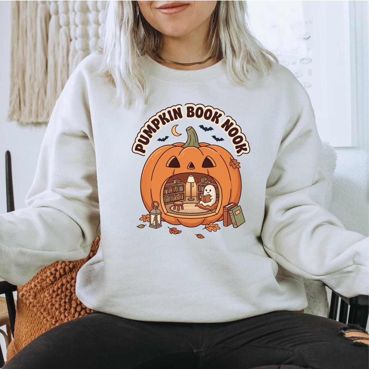 Pumpkin Book Nook Sweatshirt, Cozy Halloween Reader Crewneck, Ghost Reading Pumpkin, Book Lover Fall Pullover, Autumn Library Gift
