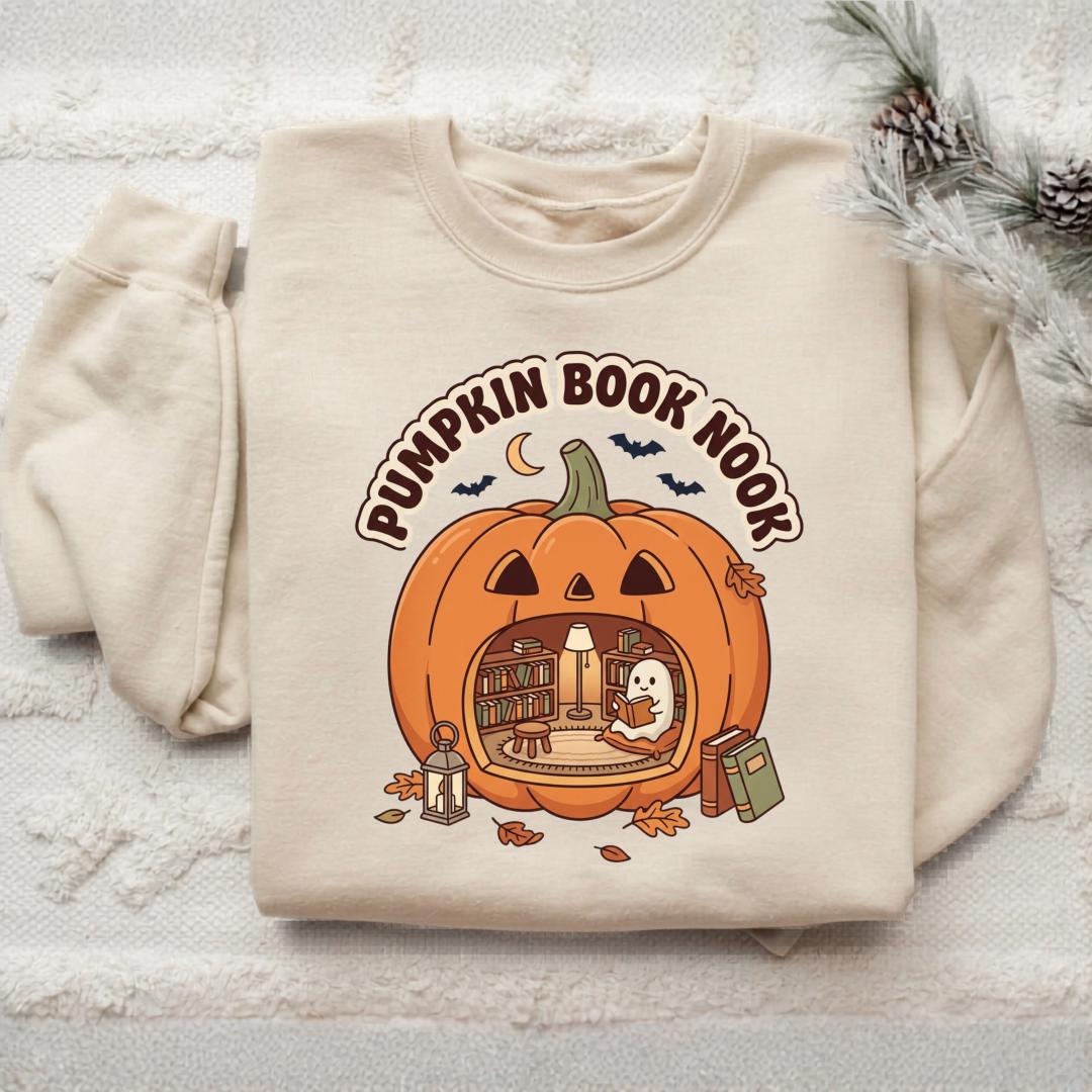 Pumpkin Book Nook Sweatshirt, Cozy Halloween Reader Crewneck, Ghost Reading Pumpkin, Book Lover Fall Pullover, Autumn Library Gift
