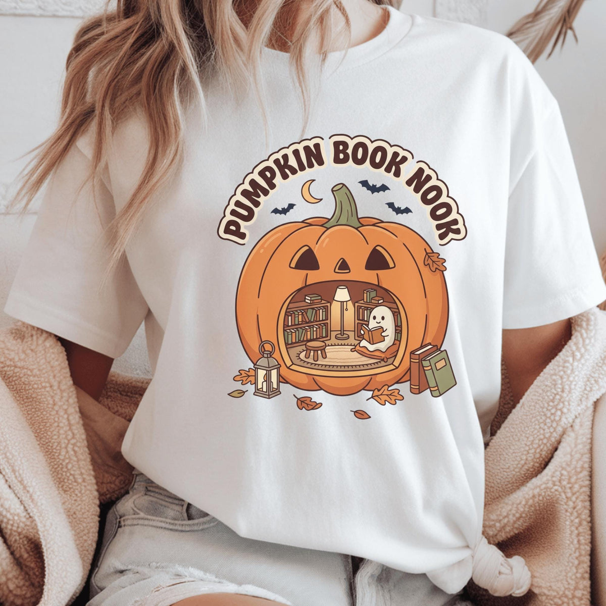 Pumpkin Book Nook Sweatshirt, Cozy Halloween Reader Crewneck, Ghost Reading Pumpkin, Book Lover Fall Pullover, Autumn Library Gift