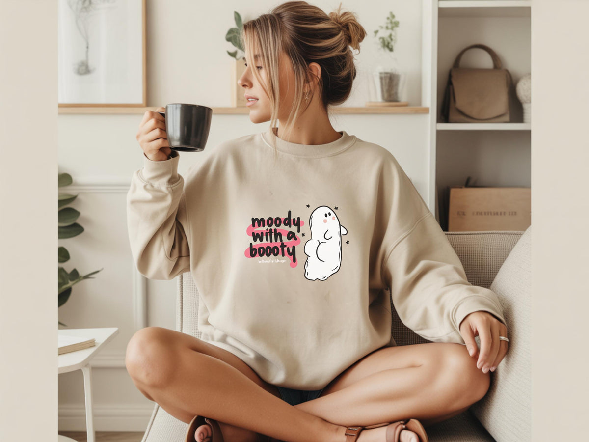 Moody With a Booty Sweatshirt, Cute Ghost Crewneck, Funny Moody Gift, Cozy Spooky Season Pullover, Kawaii Graphic Sweater for Her and Him