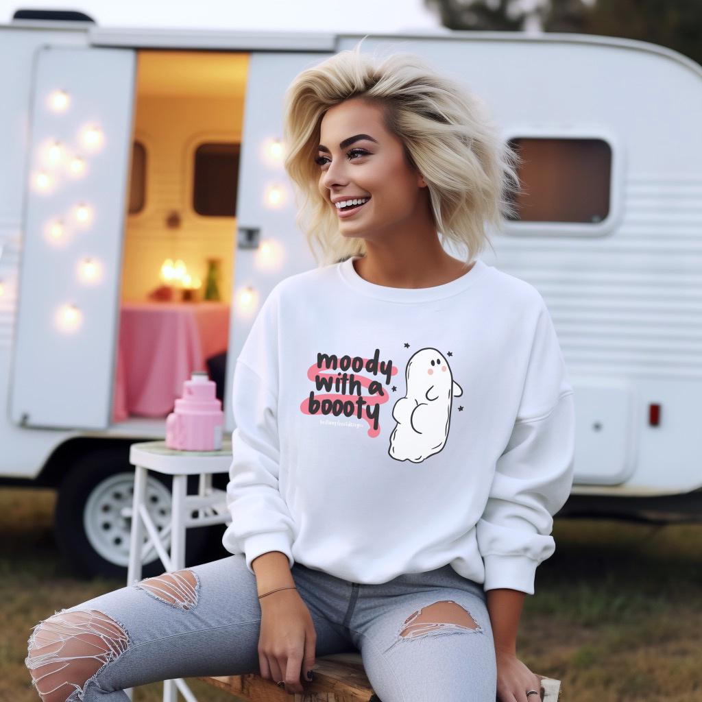 Moody With a Booty Sweatshirt, Cute Ghost Crewneck, Funny Moody Gift, Cozy Spooky Season Pullover, Kawaii Graphic Sweater for Her and Him