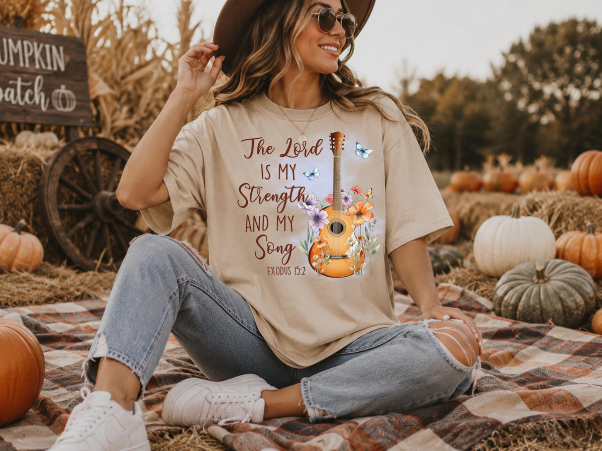 Christian Music Sweatshirt, The Lord Is My Strength and My Song, Exodus 15:2 Bible Verse Crewneck, Floral Guitar Faith Gift for Her