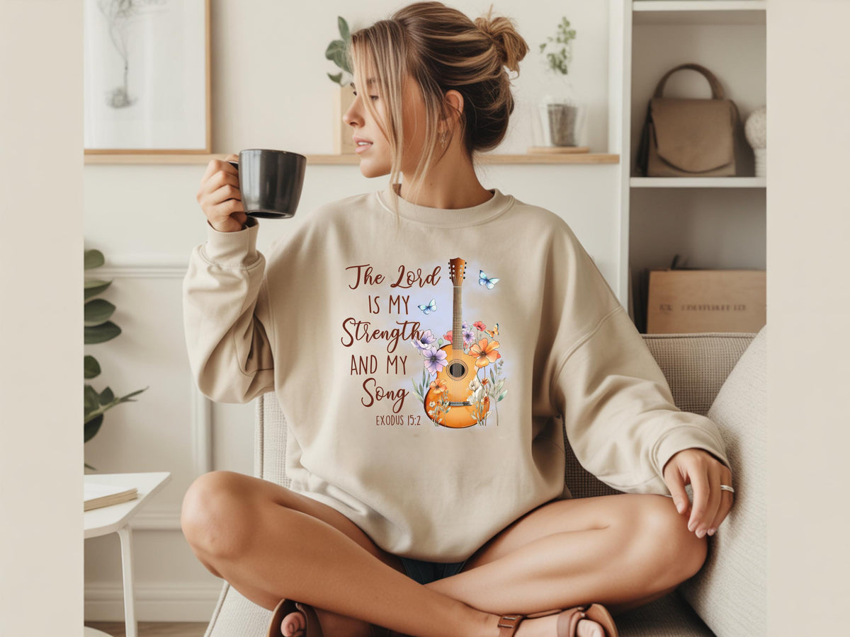 Christian Music Sweatshirt, The Lord Is My Strength and My Song, Exodus 15:2 Bible Verse Crewneck, Floral Guitar Faith Gift for Her