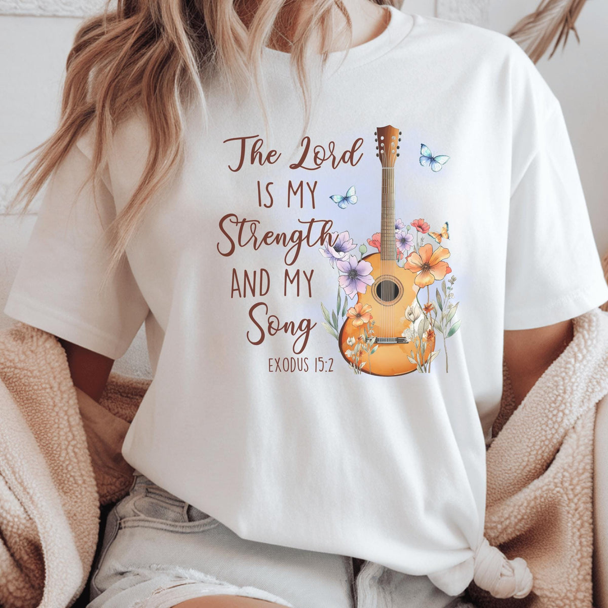 Christian Music Sweatshirt, The Lord Is My Strength and My Song, Exodus 15:2 Bible Verse Crewneck, Floral Guitar Faith Gift for Her