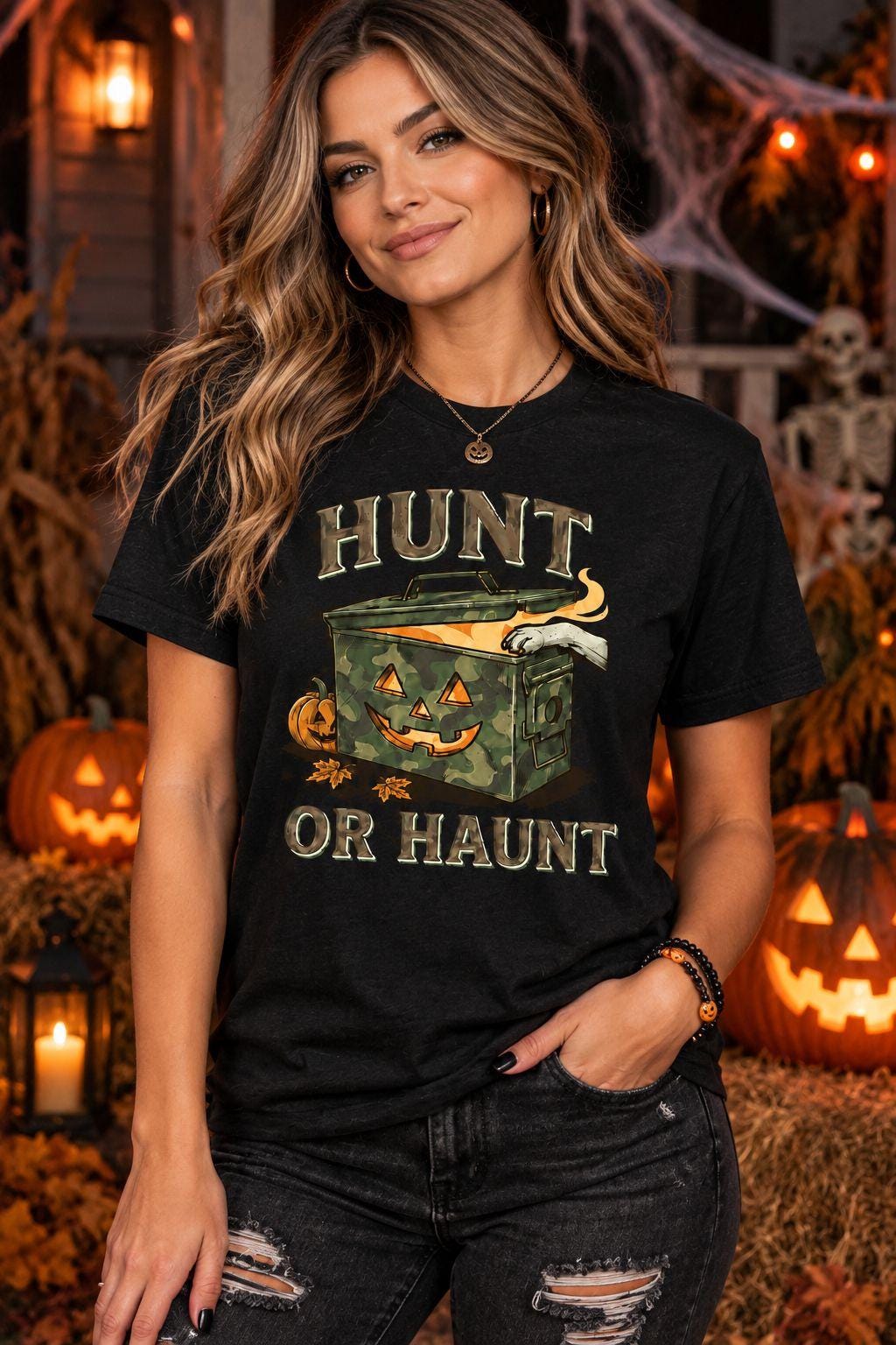 Hunt or Haunt Halloween Shirt, Camouflage Pumpkin Tee, Funny Hunting Graphic, Spooky Fall Shirt for Outdoor Fans and Pumpkin Lovers