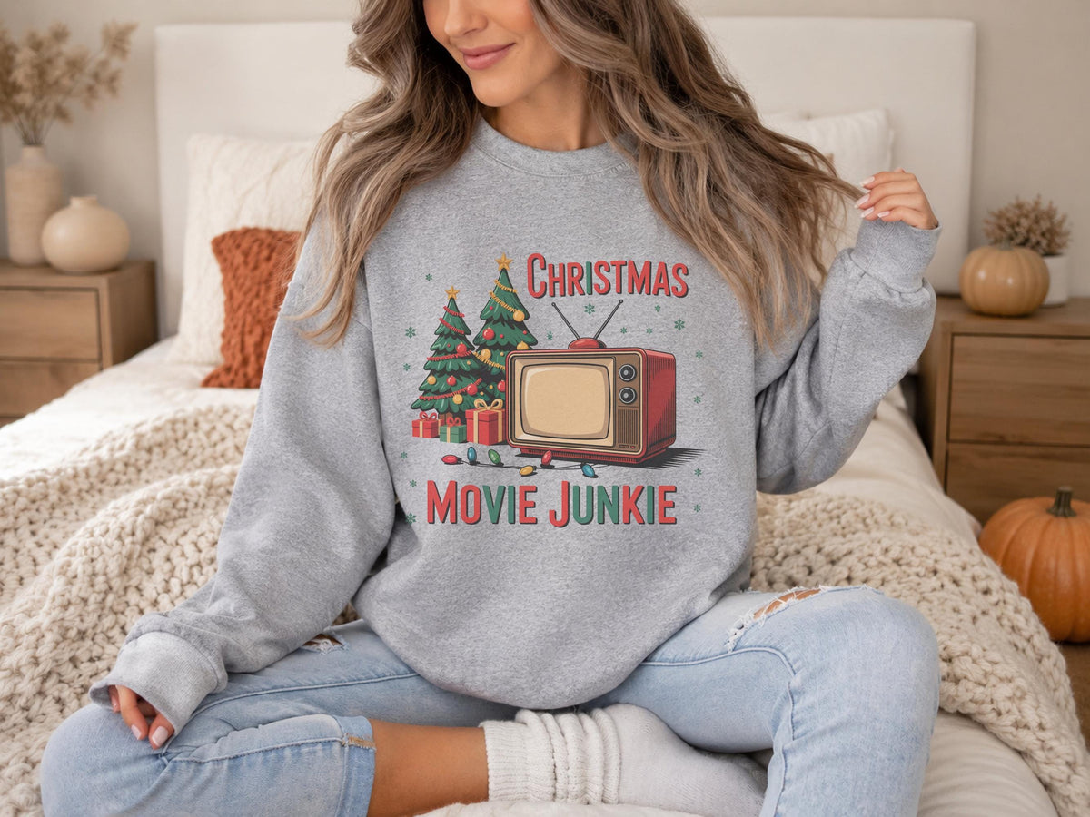 Christmas Movie Junkie Sweatshirt, Retro TV and Christmas Tree Crewneck, Festive Holiday Movie Lover Gift, Cozy Christmas Pullover