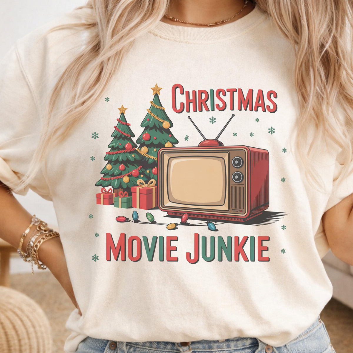 Christmas Movie Junkie Sweatshirt, Retro TV and Christmas Tree Crewneck, Festive Holiday Movie Lover Gift, Cozy Christmas Pullover