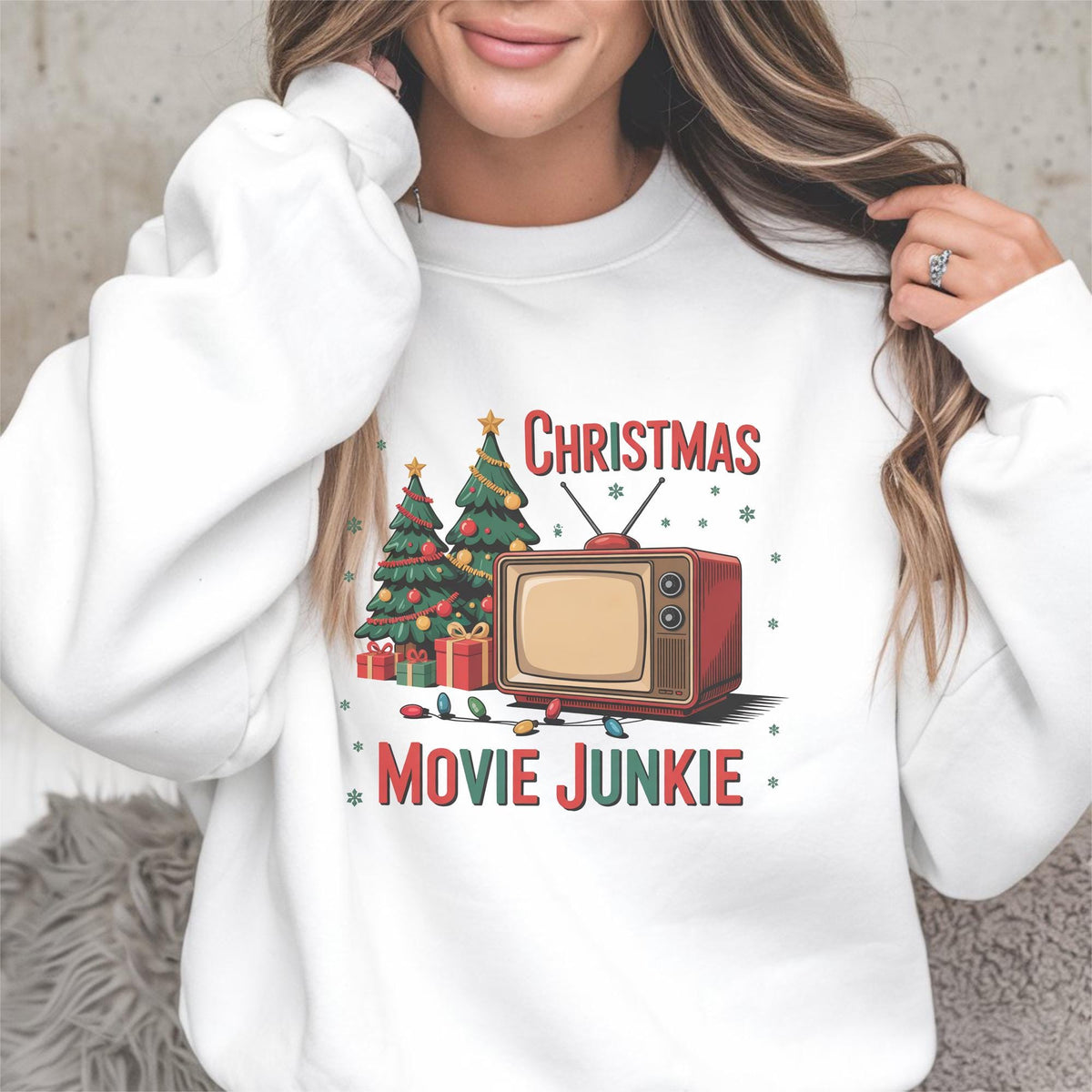 Christmas Movie Junkie Sweatshirt, Retro TV and Christmas Tree Crewneck, Festive Holiday Movie Lover Gift, Cozy Christmas Pullover