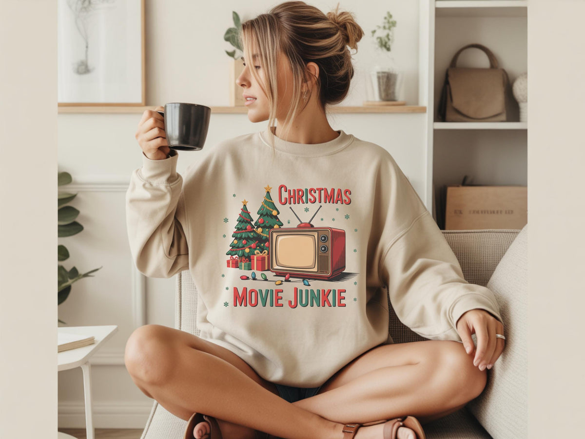 Christmas Movie Junkie Sweatshirt, Retro TV and Christmas Tree Crewneck, Festive Holiday Movie Lover Gift, Cozy Christmas Pullover