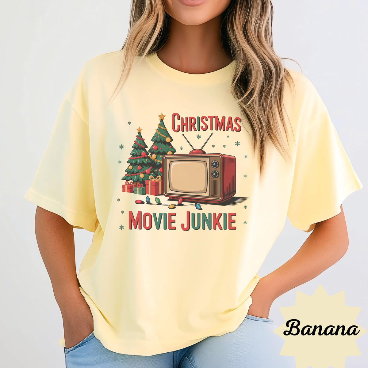 Christmas Movie Junkie Sweatshirt, Retro TV and Christmas Tree Crewneck, Festive Holiday Movie Lover Gift, Cozy Christmas Pullover