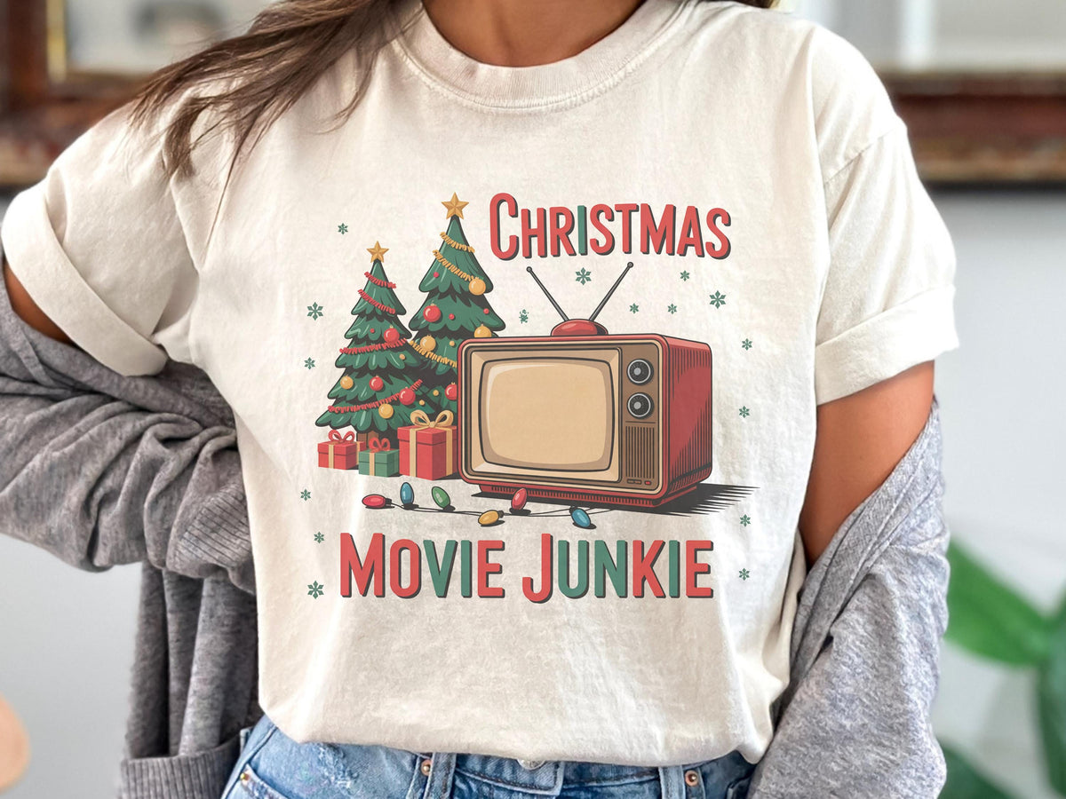 Christmas Movie Junkie Sweatshirt, Retro TV and Christmas Tree Crewneck, Festive Holiday Movie Lover Gift, Cozy Christmas Pullover