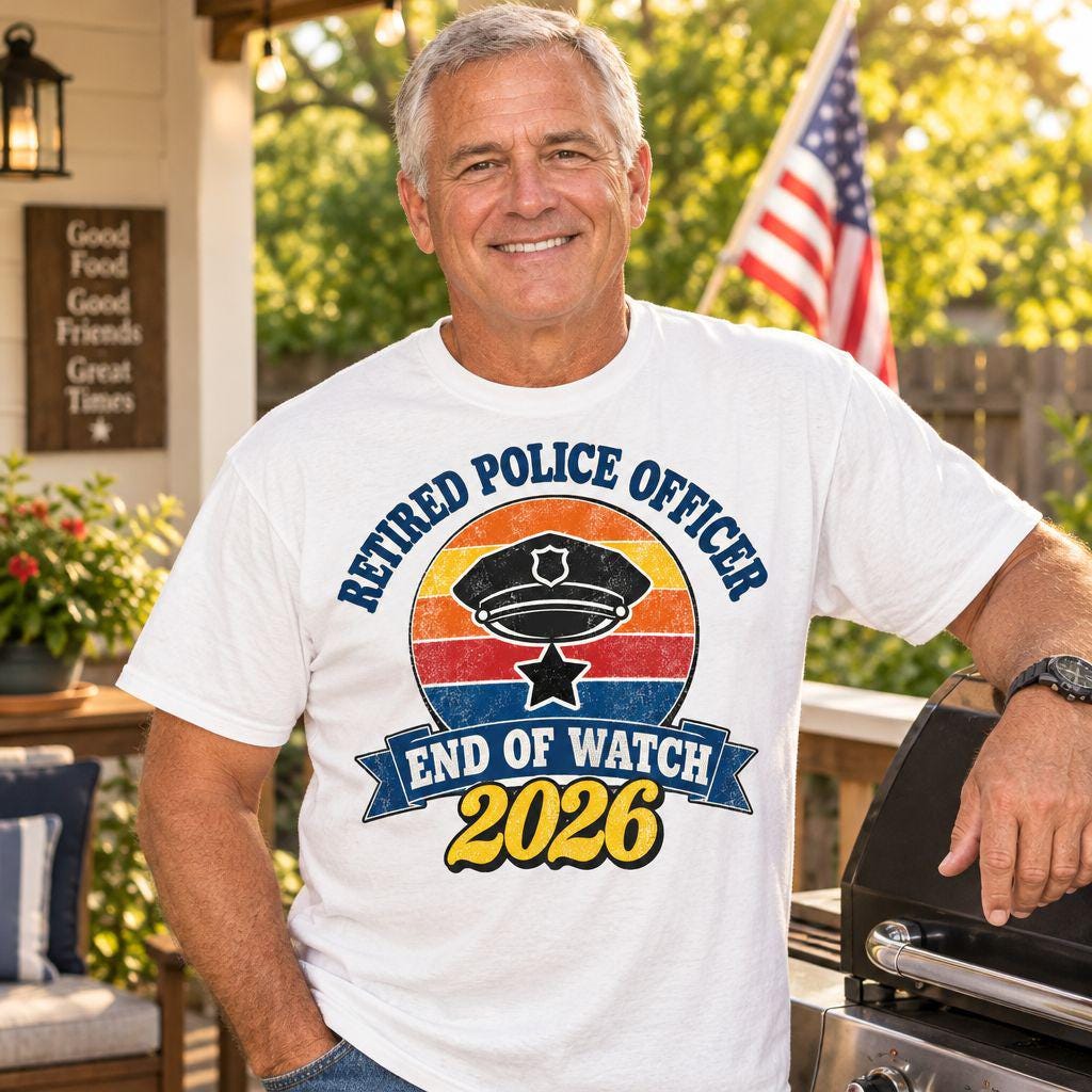 Retired police officer on a backyard porch wearing a white Retired Police Officer 2026 End of Watch retro sunset t-shirt