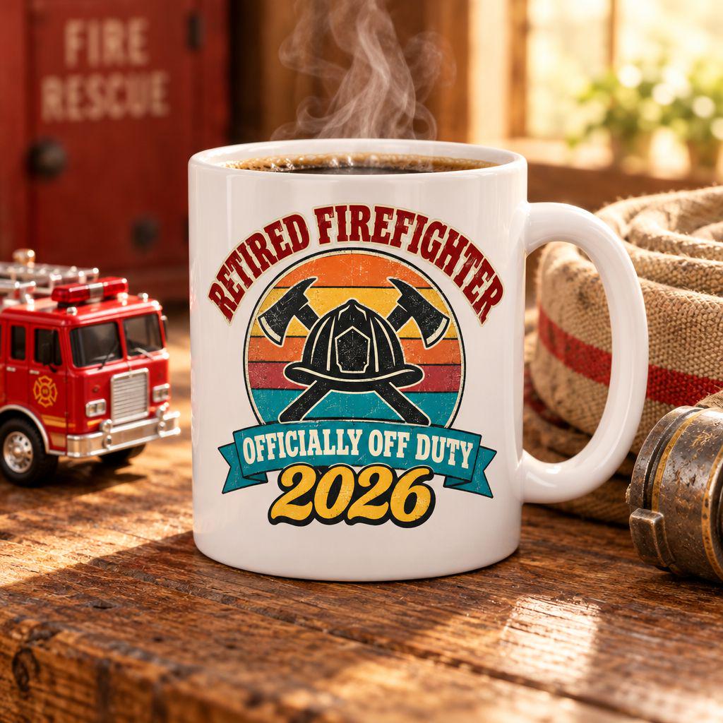 Retired Firefighter 2026 coffee mug on a wooden table with a toy fire truck and fire hose