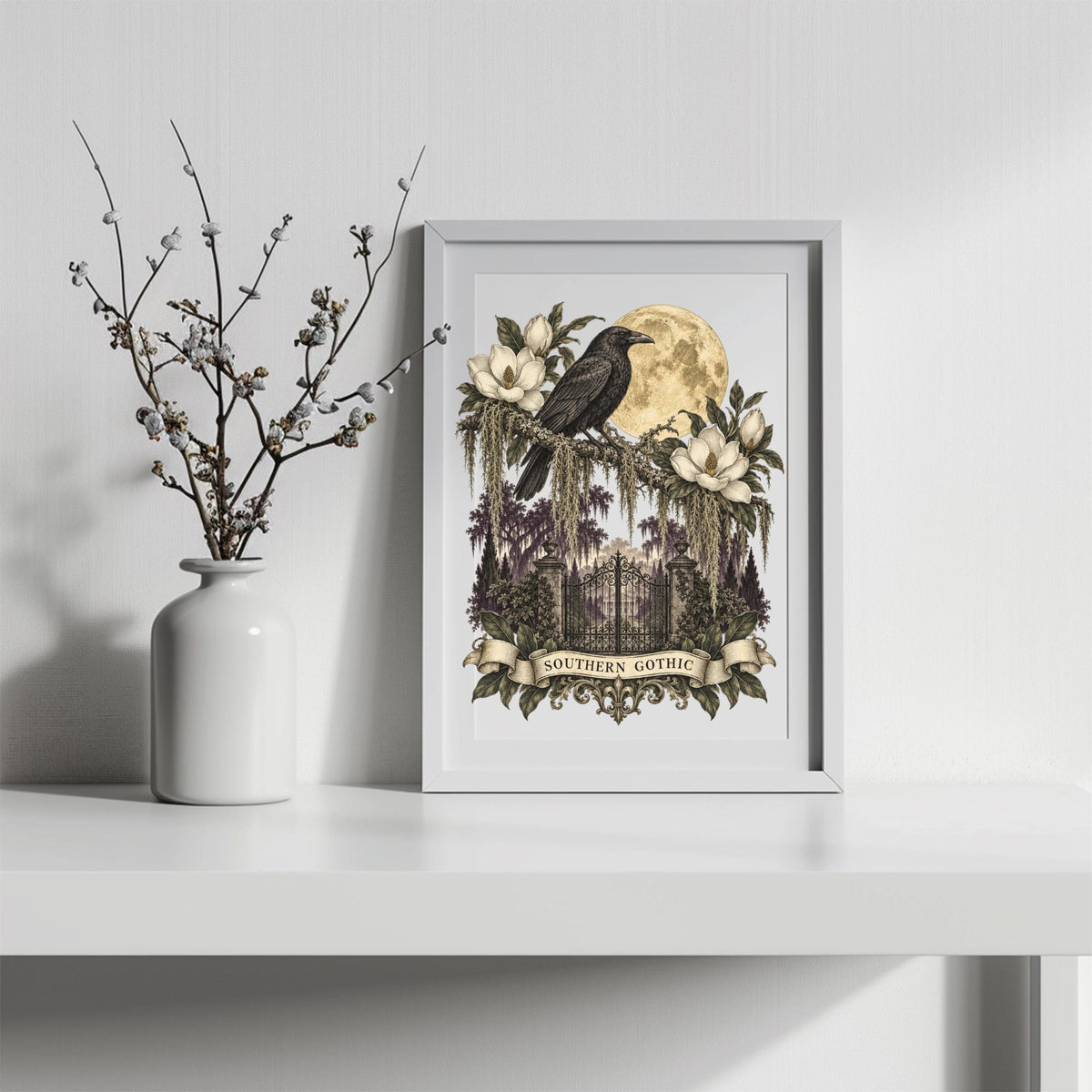 Southern Gothic Crow Wall Art, Moonlit Magnolia Garden Decor, Gothic Raven Home Accent, Framed Wooden Decor for Dark Academia Style