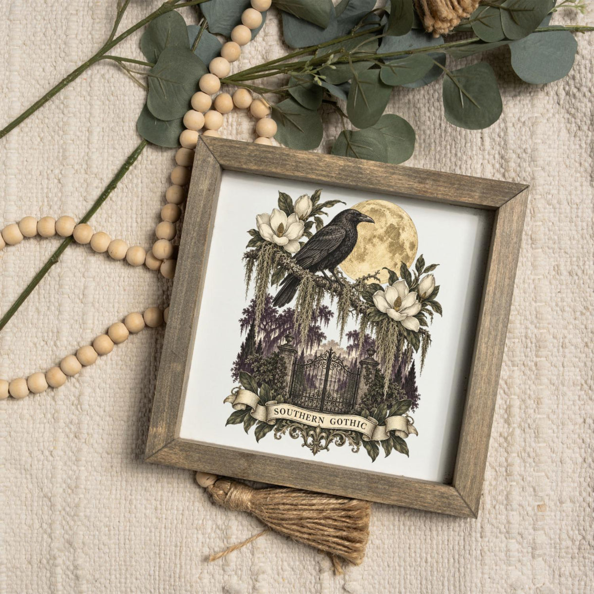 Southern Gothic Crow Wall Art, Moonlit Magnolia Garden Decor, Gothic Raven Home Accent, Framed Wooden Decor for Dark Academia Style