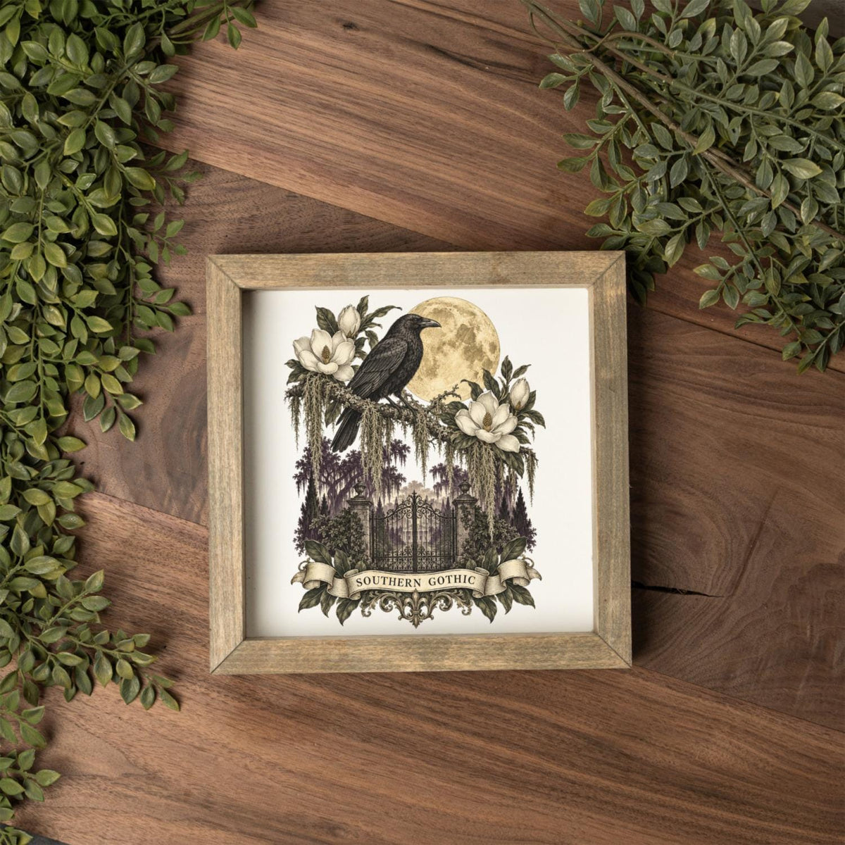 Southern Gothic Crow Wall Art, Moonlit Magnolia Garden Decor, Gothic Raven Home Accent, Framed Wooden Decor for Dark Academia Style